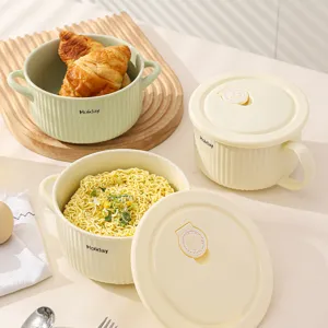 Ciotola per Noodles Istantanei in Ceramica con Coperchio e Manico Zuppiera Smaltata a Righe per Casa Dormitorio Tavolo da Cucina