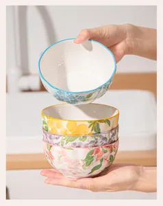 Set di quattro ciotole in ceramica design floreale sottosmalto forma di loto cucina 4pz