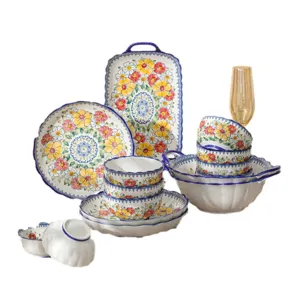 Bohemian ceramic dinnerware set, colorful floral plates and bowls for home kitchen dining.