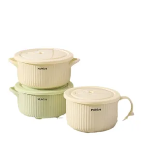 Ciotola per noodle in ceramica con coperchio manico stoviglie rigate cucina moderna.