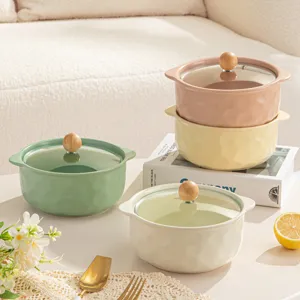 Cute ceramic instant noodle bowl with wooden lid and double ears, perfect for daily dining.