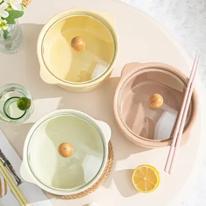 Ceramic instant noodle bowl with lid, cute double ear design, aesthetic student dorm tableware.