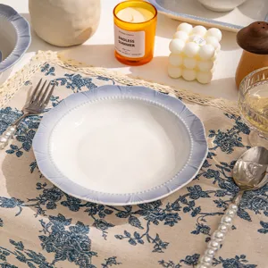 Assiette de diner en céramique bleu fumé rétro français ensemble vaisselle cuisine élégante