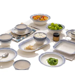Ensemble de vaisselle en céramique bleu fumée français bols et assiettes pour la maison