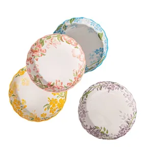 Set di piatti in ceramica, piatto fondo rotondo con motivo floreale, stoviglie eleganti casa.