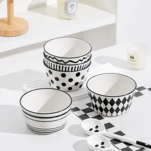 Bol à Riz en Céramique de Style Japonais Motif Géométrique Noir et Blanc Vaisselle Bol à Soupe pour Maison Cuisine Salle à Manger