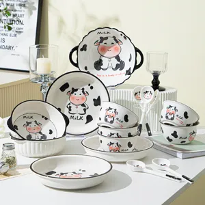 Ins Carino Mucca Cartoon Ceramica Ciotola Piatto Servizio da Tavola Famiglia Bambini Pranzo Ciotola Piatto Cucchiaio Forniture da Cucina