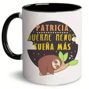 Taza de cafe de ceramica con perezoso, asa negra cuerpo blanco, taza bonita para oficina.