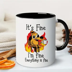 Keramik Kaffeetasse mit lustigem Meme Hund Design, schwarzer Henkel und Rand, Büro Becher.
