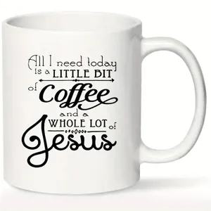 White ceramic coffee mug detail, inspiring faith and coffee quote print, smooth glossy surface.