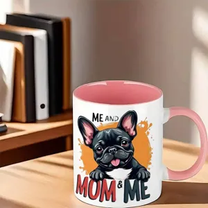 Tasse à café en céramique avec poignée rose et joli imprimé de bouledogue français mignon.