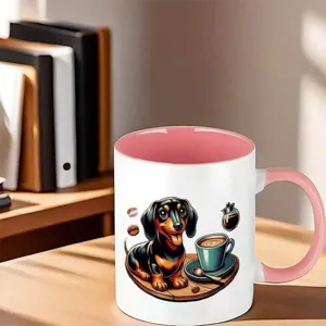 Mug à café en céramique avec motif de teckel, anse et intérieur roses, idéal pour le bureau.