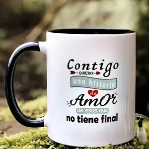 Keramik Kaffeetasse mit romantischem spanischem Spruch, Schwarz-Weiß-Design, ideal fürs Büro.