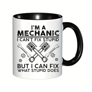 Lustige Mechaniker Keramik Kaffeetasse mit Schraubenschlüssel und Kolben Motiv für Büro.