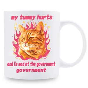 Divertida taza de café de cerámica gato naranja con texto meme, regalo perfecto para amigos.