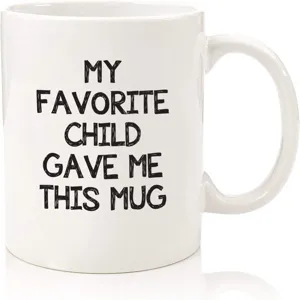 Detailed view of the white ceramic novelty mug with humorous printed English text.