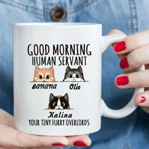 Taza de ceramica personalizada con gatos bonitos y texto divertido para amantes del cafe.