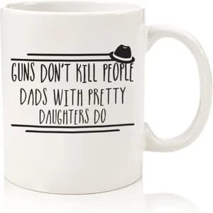 White ceramic coffee mug with funny quote print, comfortable handle, durable daily drinkware.