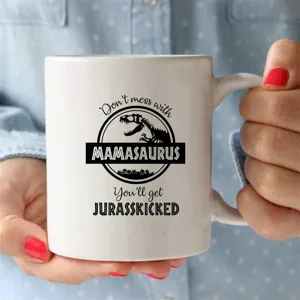 White ceramic coffee mug with dinosaur print, novelty funny gift cup for daily office tea.
