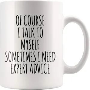 White ceramic coffee mug with funny quote typography, 11oz cup for office and home.