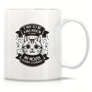 Taza de café de cerámica blanca con linda ilustración de gato y frase divertida, gran regalo.