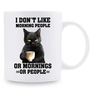 Taza de cafe de ceramica blanca con divertido estampado de gato negro gruon, regalo ideal.
