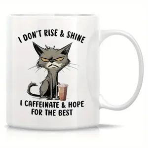 Taza de cafe de ceramica con gato enojado gracioso y texto personalizado para oficina.