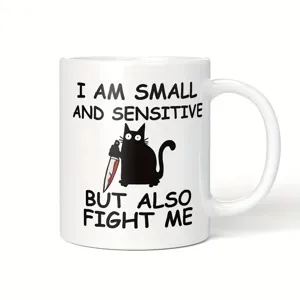 Taza de cerámica con gato negro gracioso y cuchillo, regalo original y divertido para amantes de gatos.