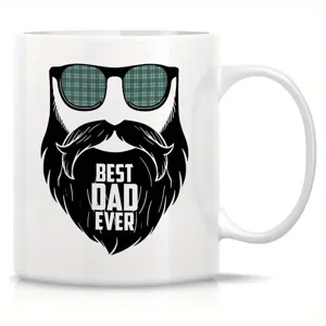 White ceramic coffee mug with cool beard dad design, perfect father's day gift cup.