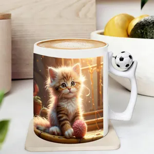 Tasse à café en céramique créative avec impression de chaton et poignée ballon de foot.