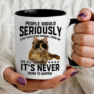 Custom ceramic coffee mug with funny cat graphic and quote, white and black design, 11oz gift