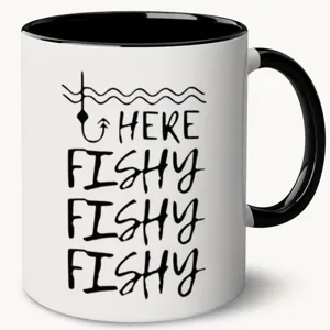 Ceramic coffee mug with fishing theme text print, black handle and inner, daily drinkware.
