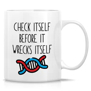 Detalle de taza de cerámica blanca con impresión de texto divertido y gráfico de ADN 11oz