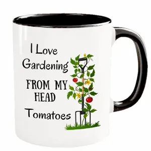 Ceramic coffee mug with funny gardening quote print, black handle, durable daily drinkware.