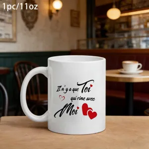 Weiße Keramik Kaffeetasse 11oz mit romantischem französischem Text für Büro und Alltag.