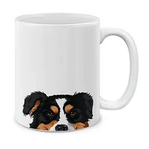 Tazza da caffè in ceramica con stampa di cane tricolore, ideale per uso in ufficio.