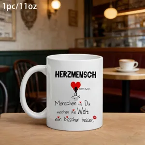 Weißer Keramik Kaffeebecher mit deutschem Textdruck, ideal fürs Büro und Zuhause, 11oz.