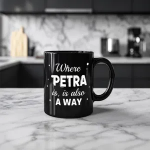 Black ceramic coffee mug for office and home use, stylish personalized text printed.