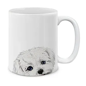 Tazza da caffè in ceramica bianca con simpatica illustrazione di cagnolino per ufficio.
