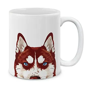 Tazza da caffè in ceramica con stampa di cane husky rosso, ideale per ufficio e uso quotidiano.