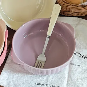 Keramik Backschüssel mit Griffen und Gabel, violettes Geschirr für Ofen und Mikrowelle Küche.