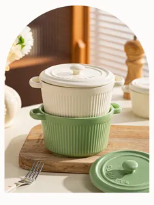 Ceramic striped double-ear covered stew bowl, creative baking pot for single serving eggs.