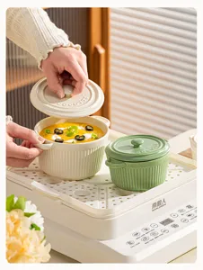 Detail shot of ceramic minimalist striped double-ear stew bowl with lid, elegant and practical.