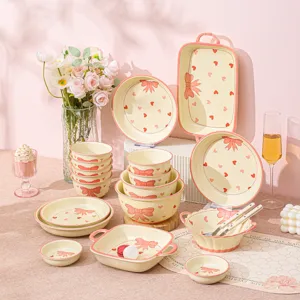 Stoviglie in Ceramica Sotto Smalto Stile Ins Carino Fiocco Motivo Cuore Ciotola Piatto Zuppiera Sala da Pranzo Cucina Scatola Regalo