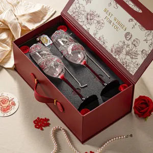 Elegant Champagne Glasses Set with Rhinestone and Butterfly Decor Crystal Toasting Flutes in Gift Box for Wedding Party