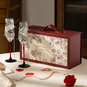 Wedding champagne toast glasses pair with luxury rhinestone butterfly decor and gift box.