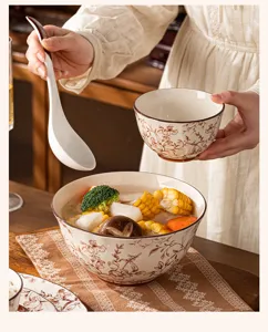 Vintage Chinese style ceramic bowl set with floral pattern for home dining table.