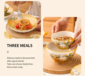 Cute rabbit ceramic bowl plate set detail showcasing lovely floral design for dining room.
