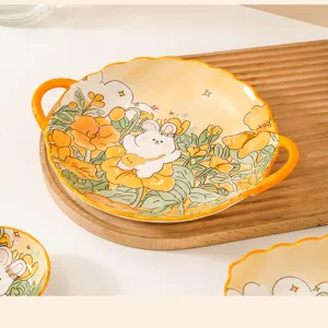 Cute cartoon rabbit ceramic double-ear plate detail, aesthetic floral pattern dinnerware.