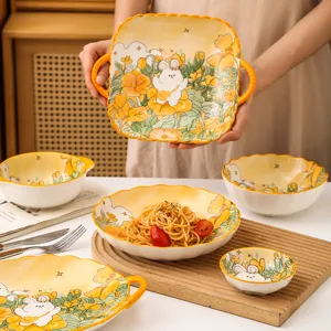 Cute Cartoon Rabbit Ceramic Tableware Bowl Plate Salad Bowl Soup Bowl Baking Pan Underglaze Color Kitchen Dining Dinnerware